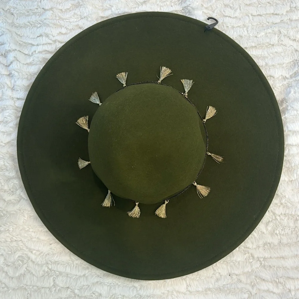 Vince Camuto Wool Floppy Sun Hat Forest Green Tassel Chain Country Boho O/S Nwt